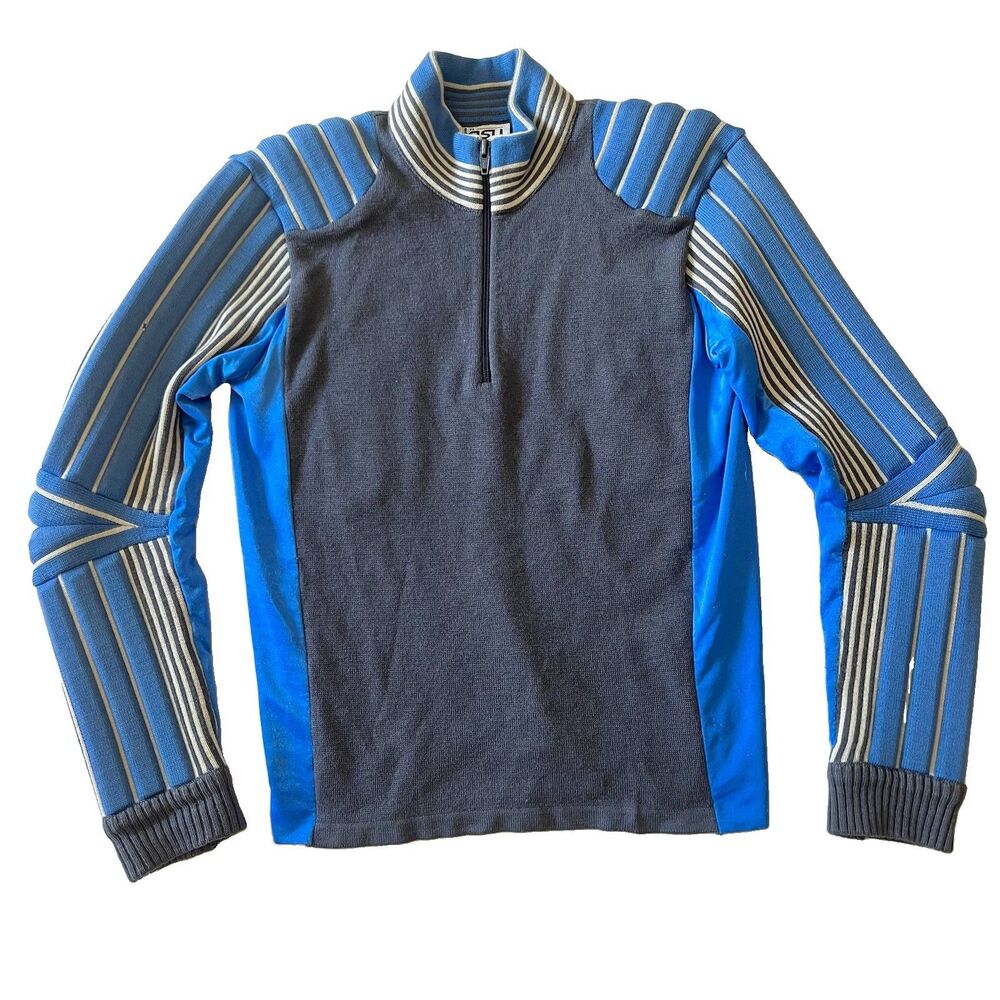 VTG 90s Jasu Padded Lined 1/4 Zip Wool Ski Racing DH Sweater Size XS Blue Gray